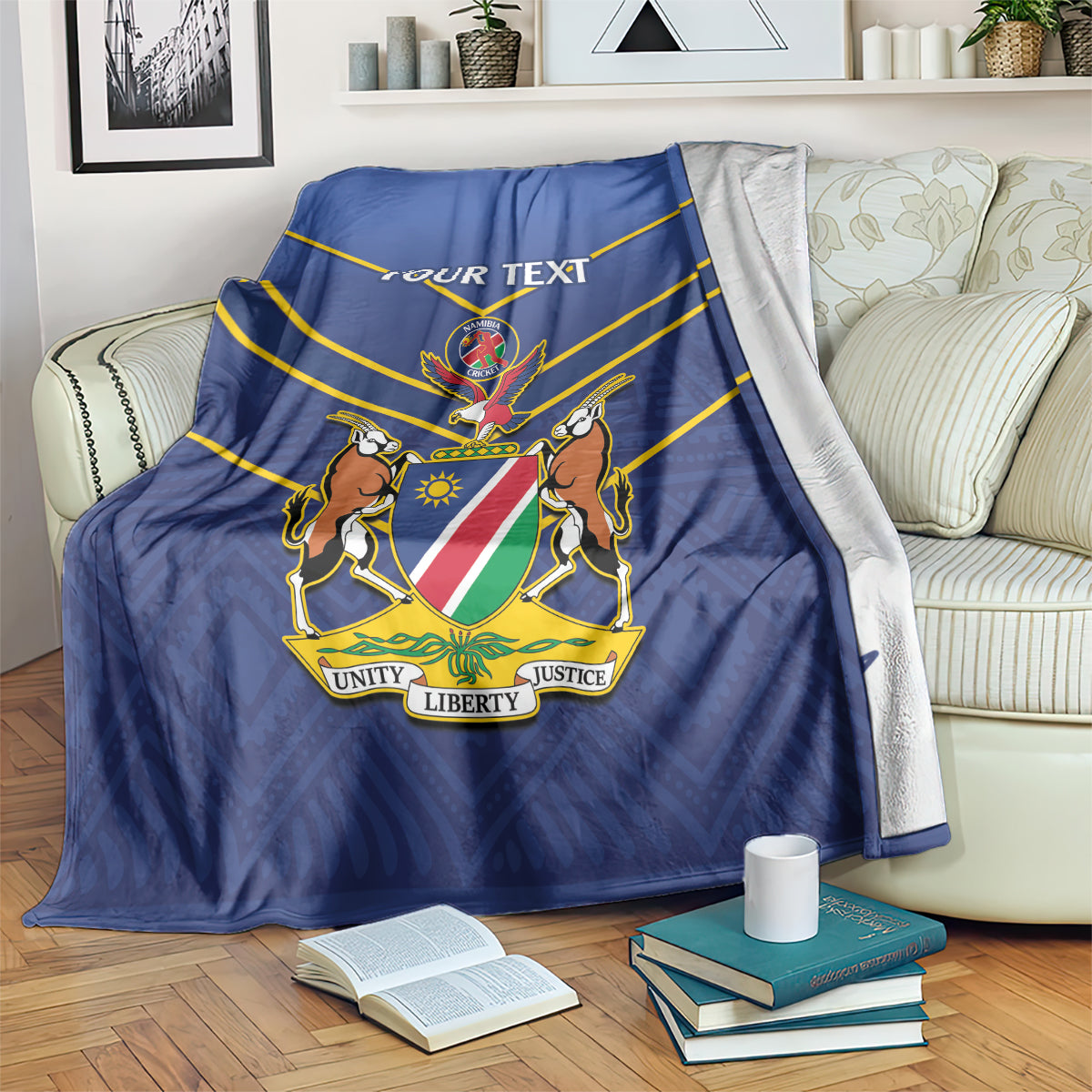 Blue cricket blanket with yellow stripes and crest, with 'YOUR TEXT' banner.