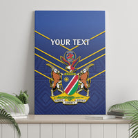 Blue canvas wall art with crest badge, gold diagonal stripes, and custom text