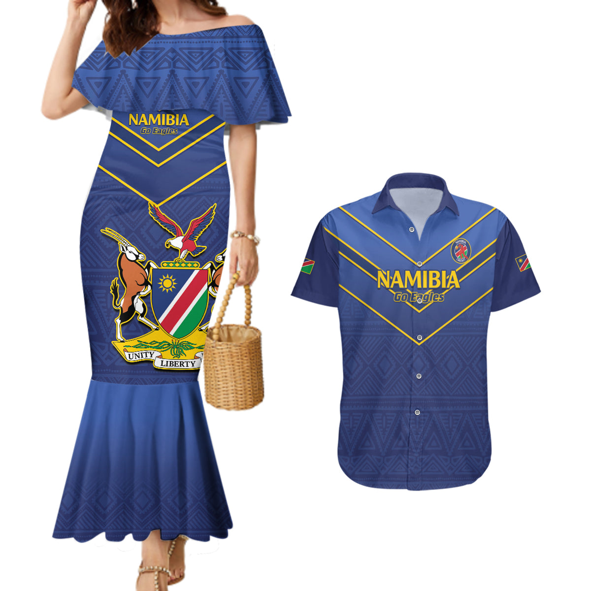 Custom Namibia Cricket Couples Matching Mermaid Dress and Hawaiian Shirt 2024 Go Eagles African Pattern - Wonder Print Shop