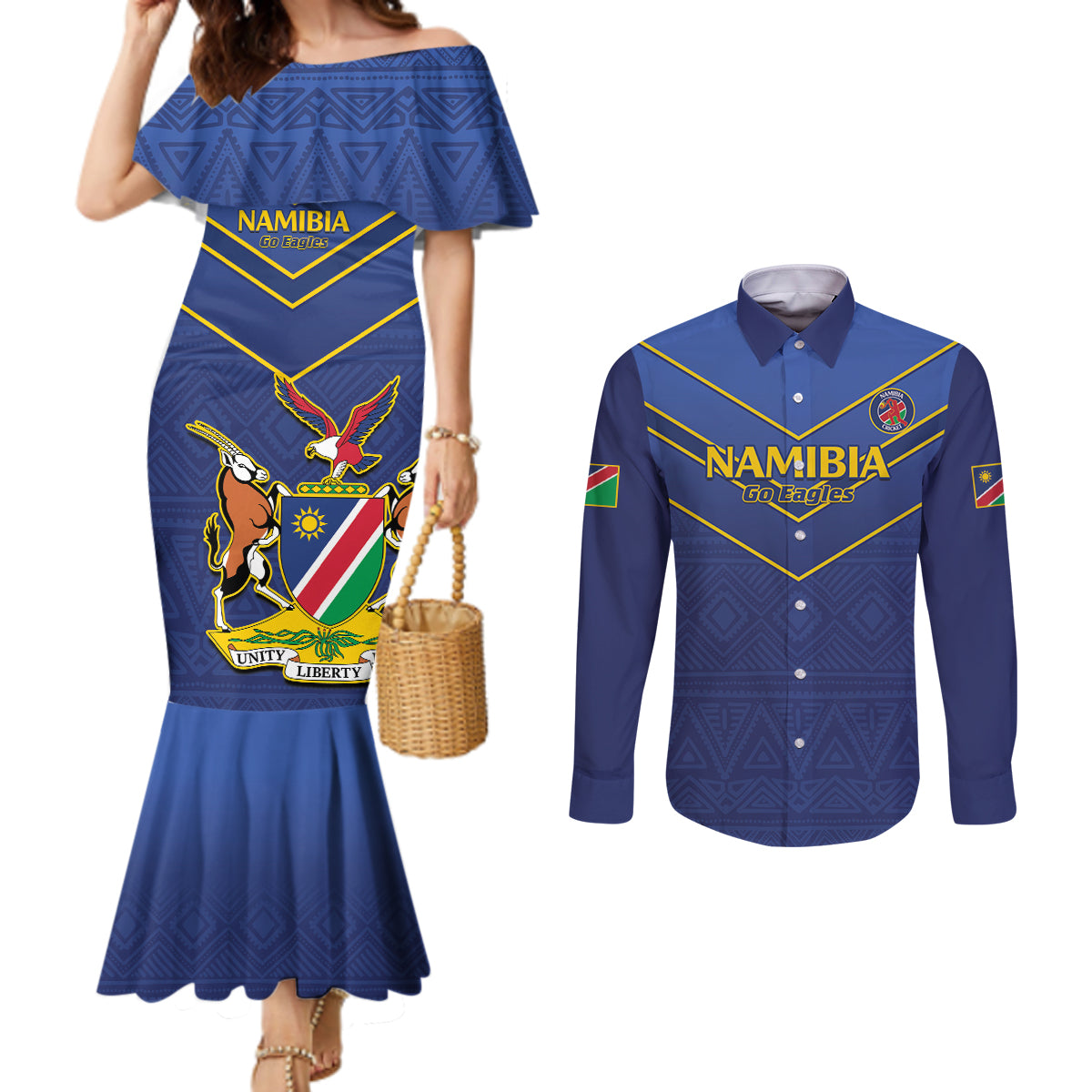 Custom Namibia Cricket Couples Matching Mermaid Dress and Long Sleeve Button Shirt 2024 Go Eagles African Pattern