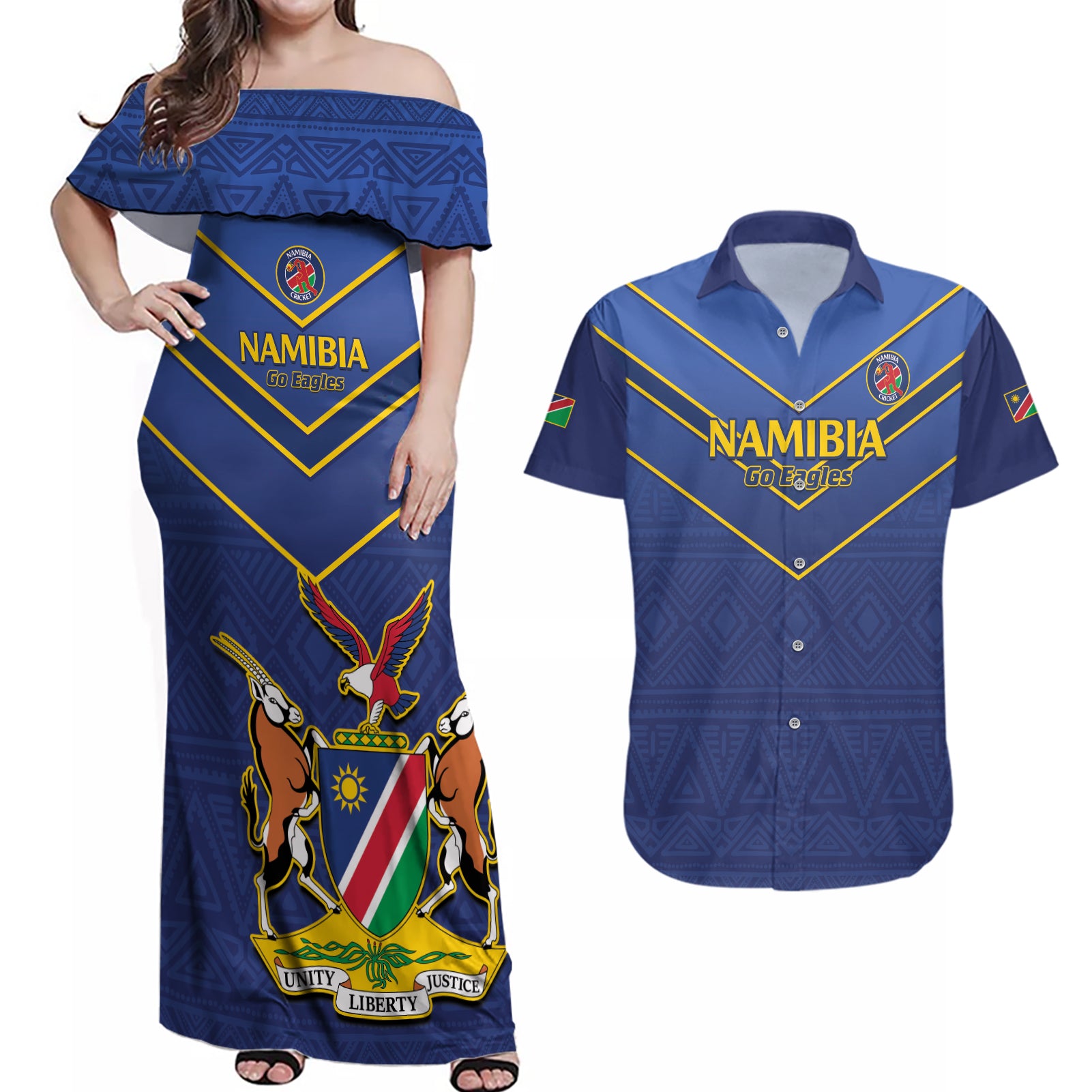 Custom Namibia Cricket Couples Matching Off Shoulder Maxi Dress and Hawaiian Shirt 2024 Go Eagles African Pattern - Wonder Print Shop