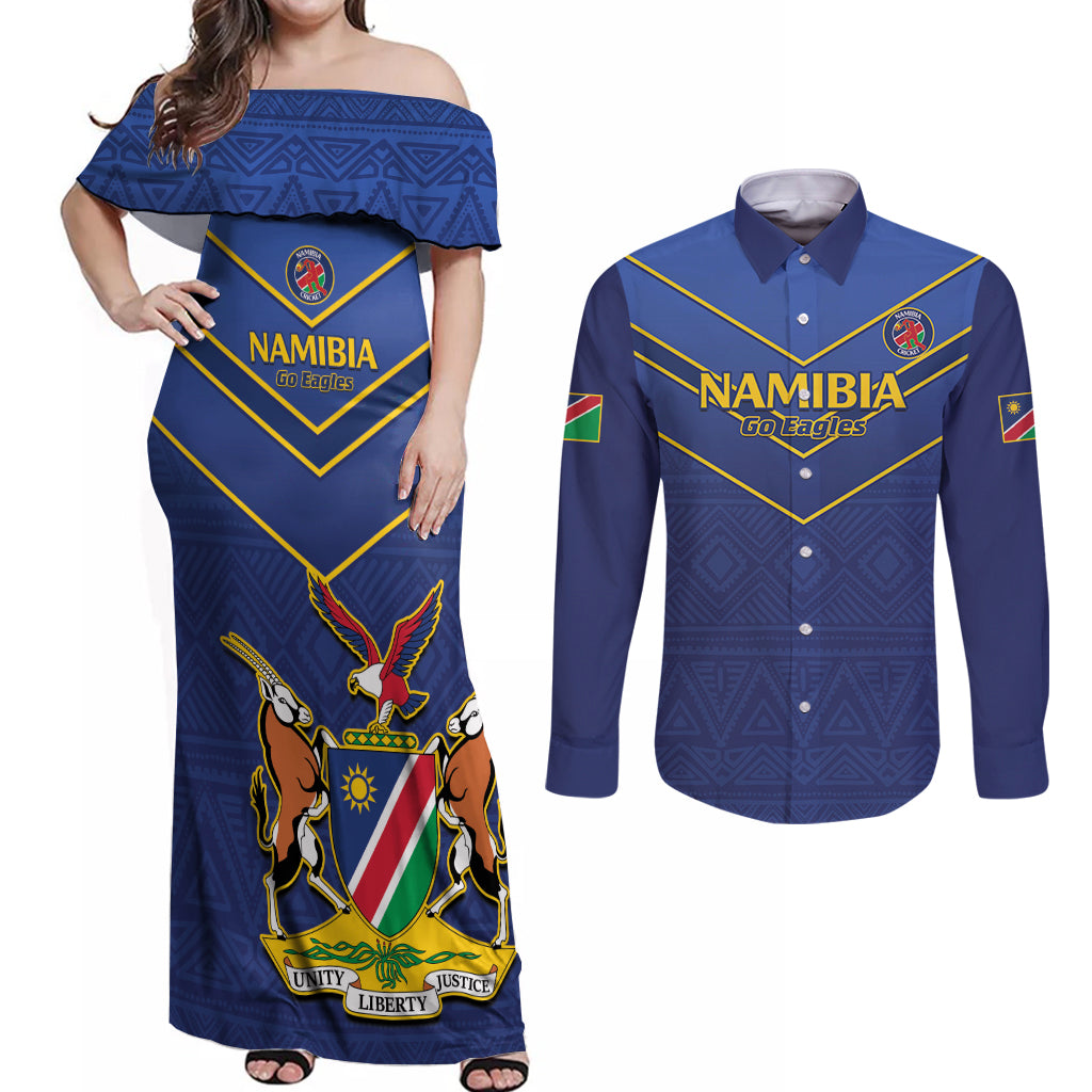 Custom Namibia Cricket Couples Matching Off Shoulder Maxi Dress and Long Sleeve Button Shirt 2024 Go Eagles African Pattern - Wonder Print Shop