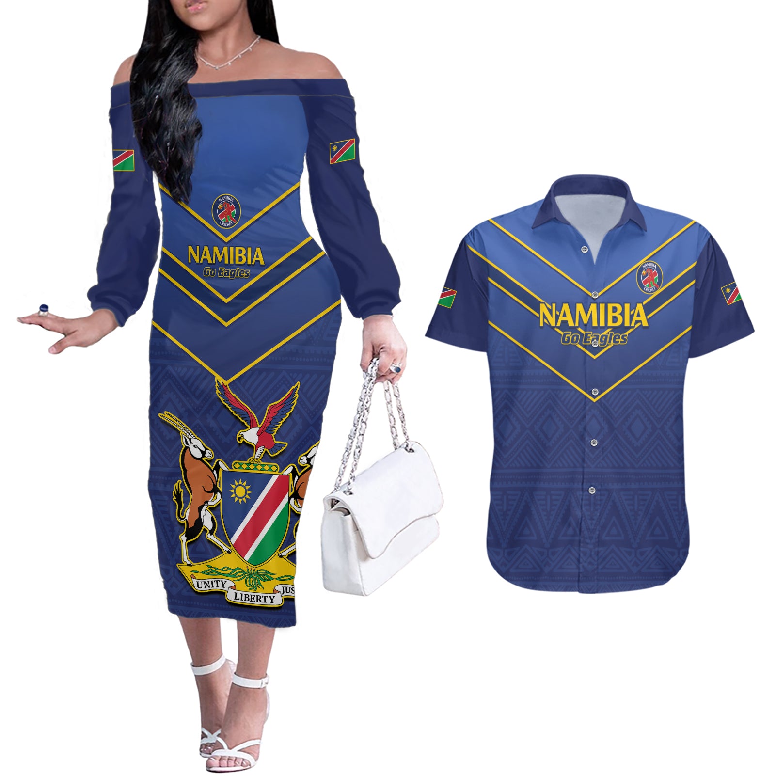 Custom Namibia Cricket Couples Matching Off The Shoulder Long Sleeve Dress and Hawaiian Shirt 2024 Go Eagles African Pattern - Wonder Print Shop