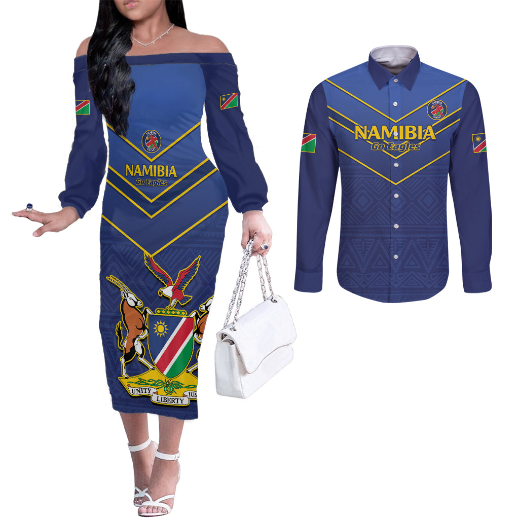 Custom Namibia Cricket Couples Matching Off The Shoulder Long Sleeve Dress and Long Sleeve Button Shirt 2024 Go Eagles African Pattern