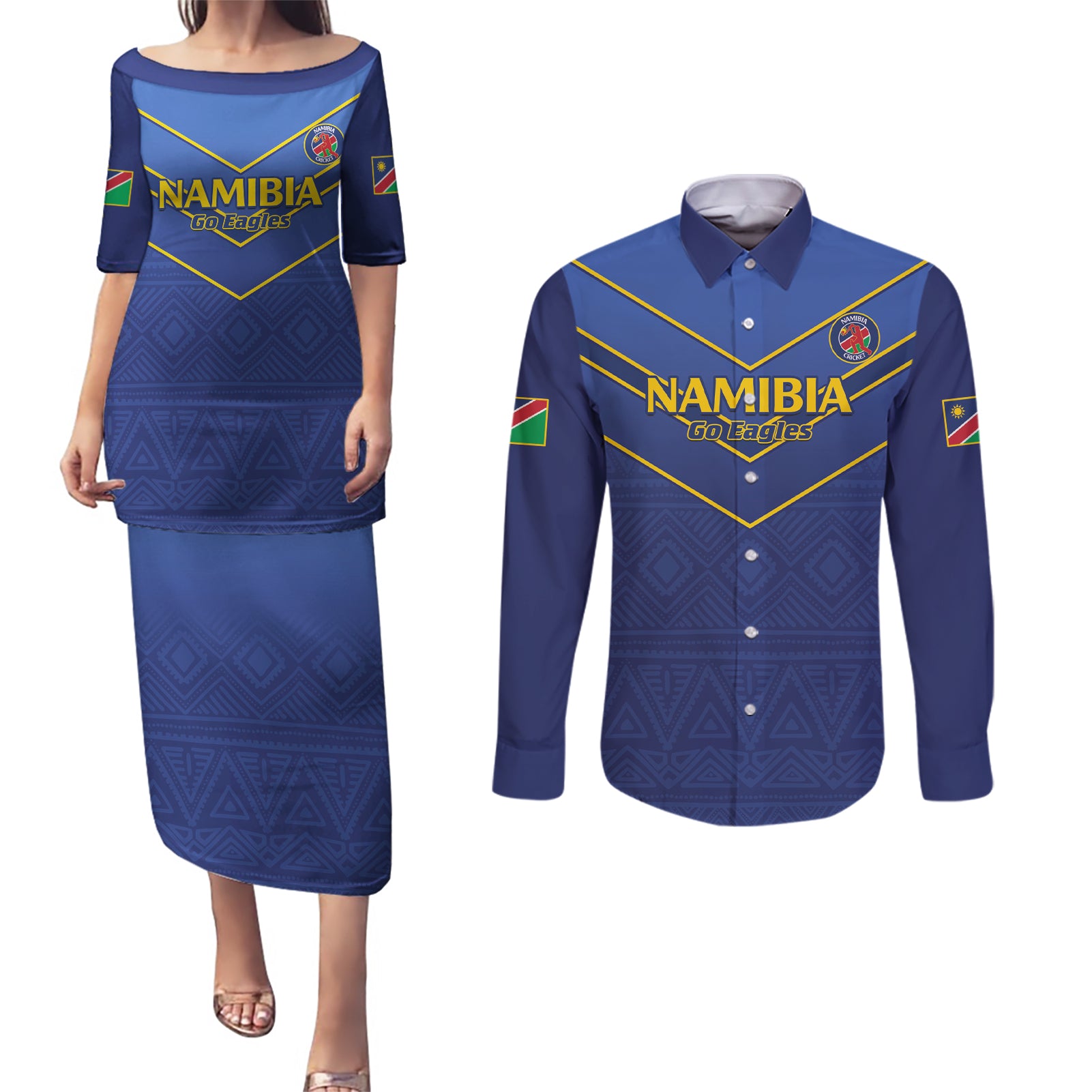 Custom Namibia Cricket Couples Matching Puletasi and Long Sleeve Button Shirt 2024 Go Eagles African Pattern - Wonder Print Shop