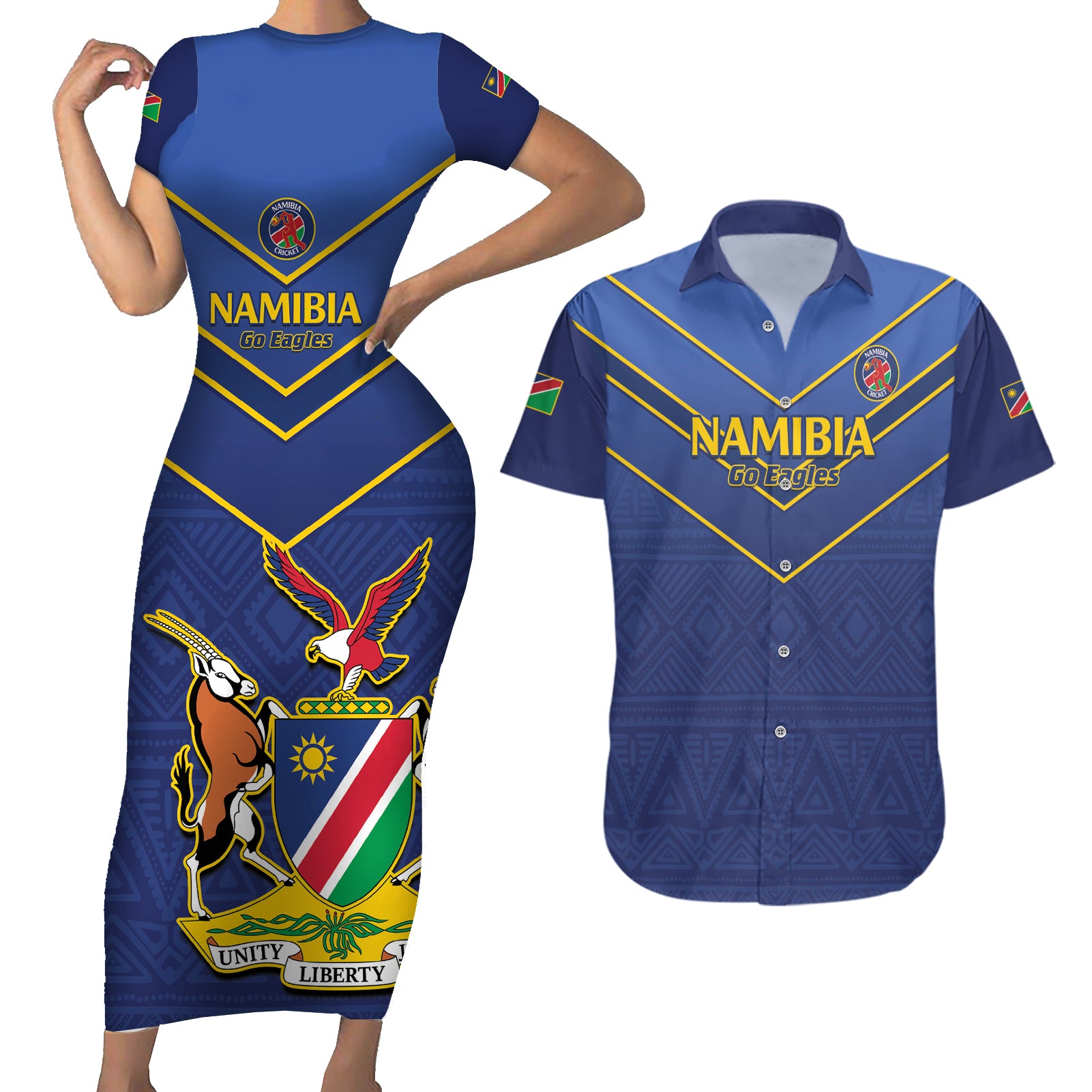 Custom Namibia Cricket Couples Matching Short Sleeve Bodycon Dress and Hawaiian Shirt 2024 Go Eagles African Pattern - Wonder Print Shop