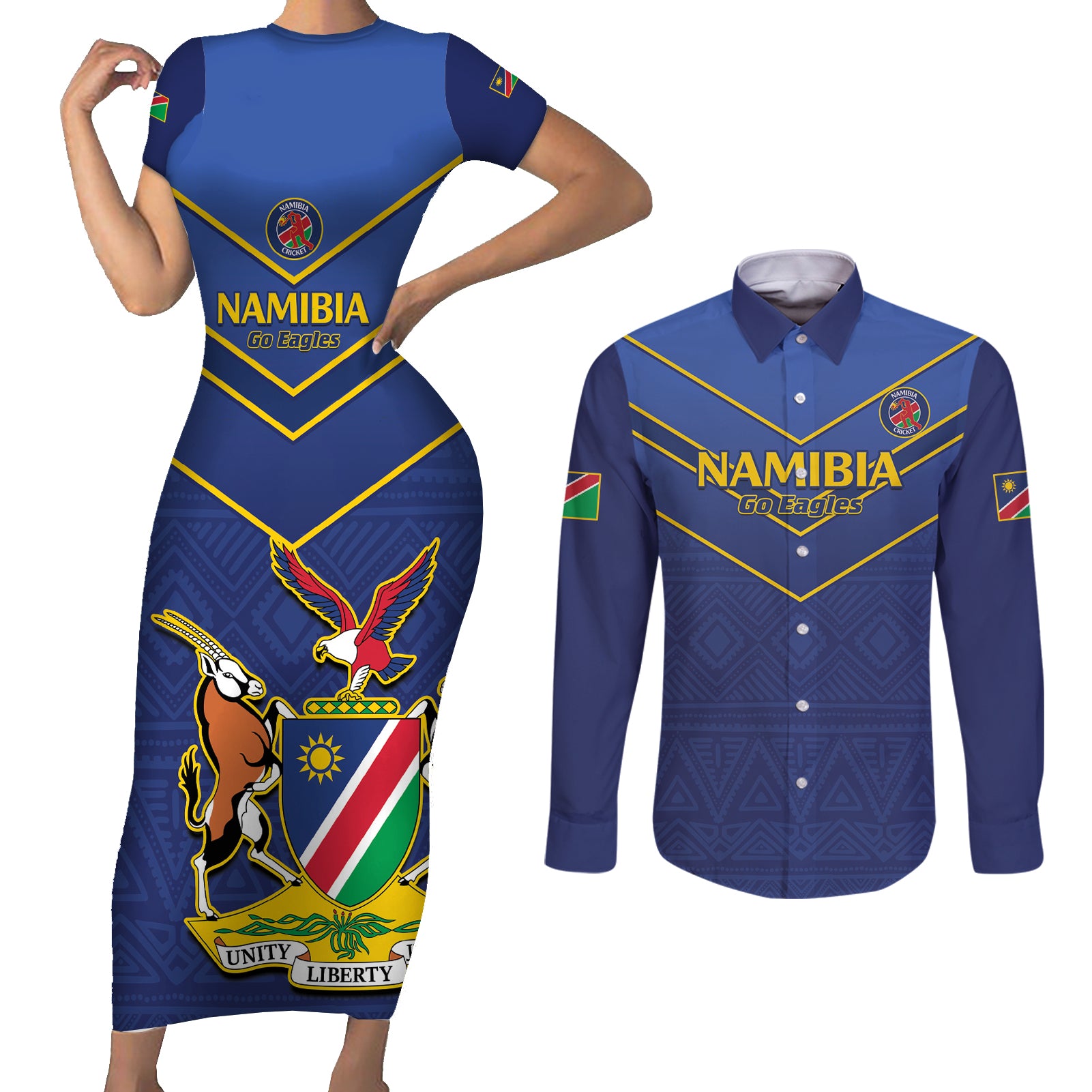 Custom Namibia Cricket Couples Matching Short Sleeve Bodycon Dress and Long Sleeve Button Shirt 2024 Go Eagles African Pattern - Wonder Print Shop