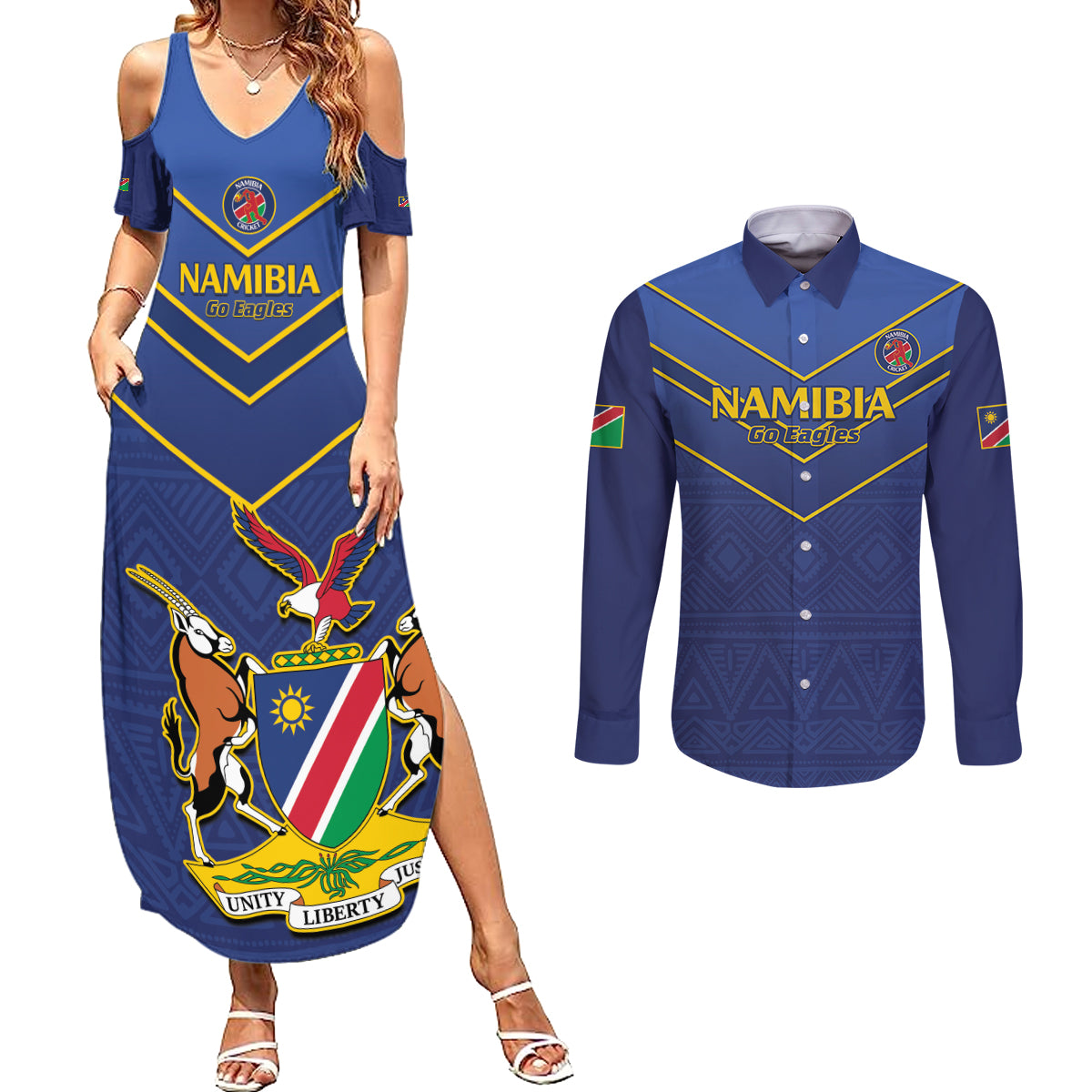 Custom Namibia Cricket Couples Matching Summer Maxi Dress and Long Sleeve Button Shirt 2024 Go Eagles African Pattern - Wonder Print Shop