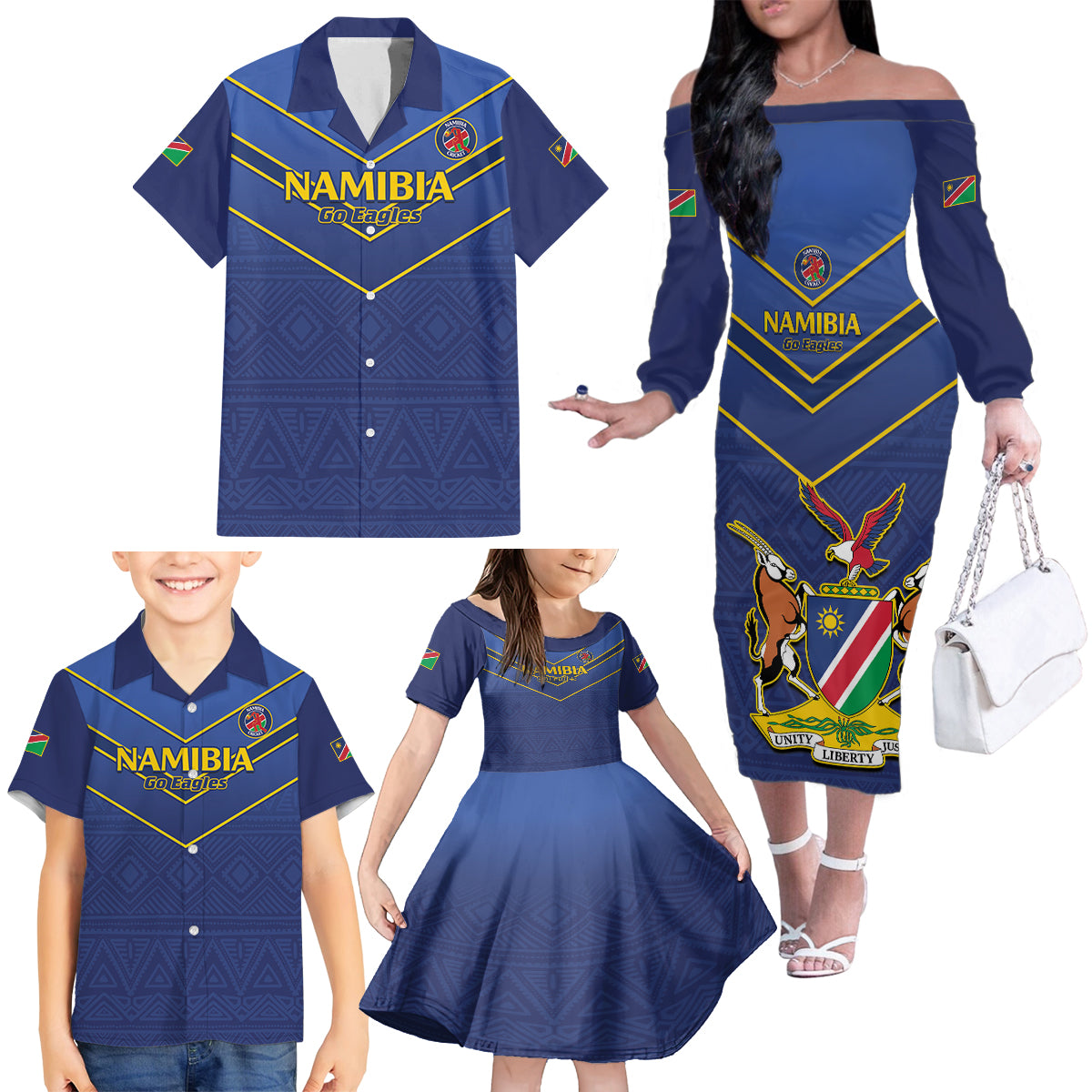 Custom Namibia Cricket Family Matching Off The Shoulder Long Sleeve Dress and Hawaiian Shirt 2024 Go Eagles African Pattern - Wonder Print Shop