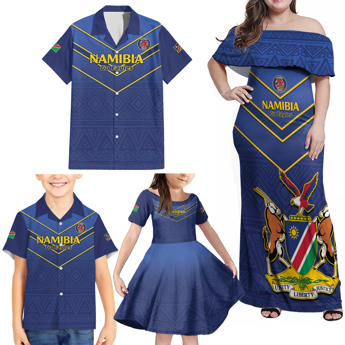 Custom Namibia Cricket Family Matching Off Shoulder Maxi Dress and Hawaiian Shirt 2024 Go Eagles African Pattern - Wonder Print Shop