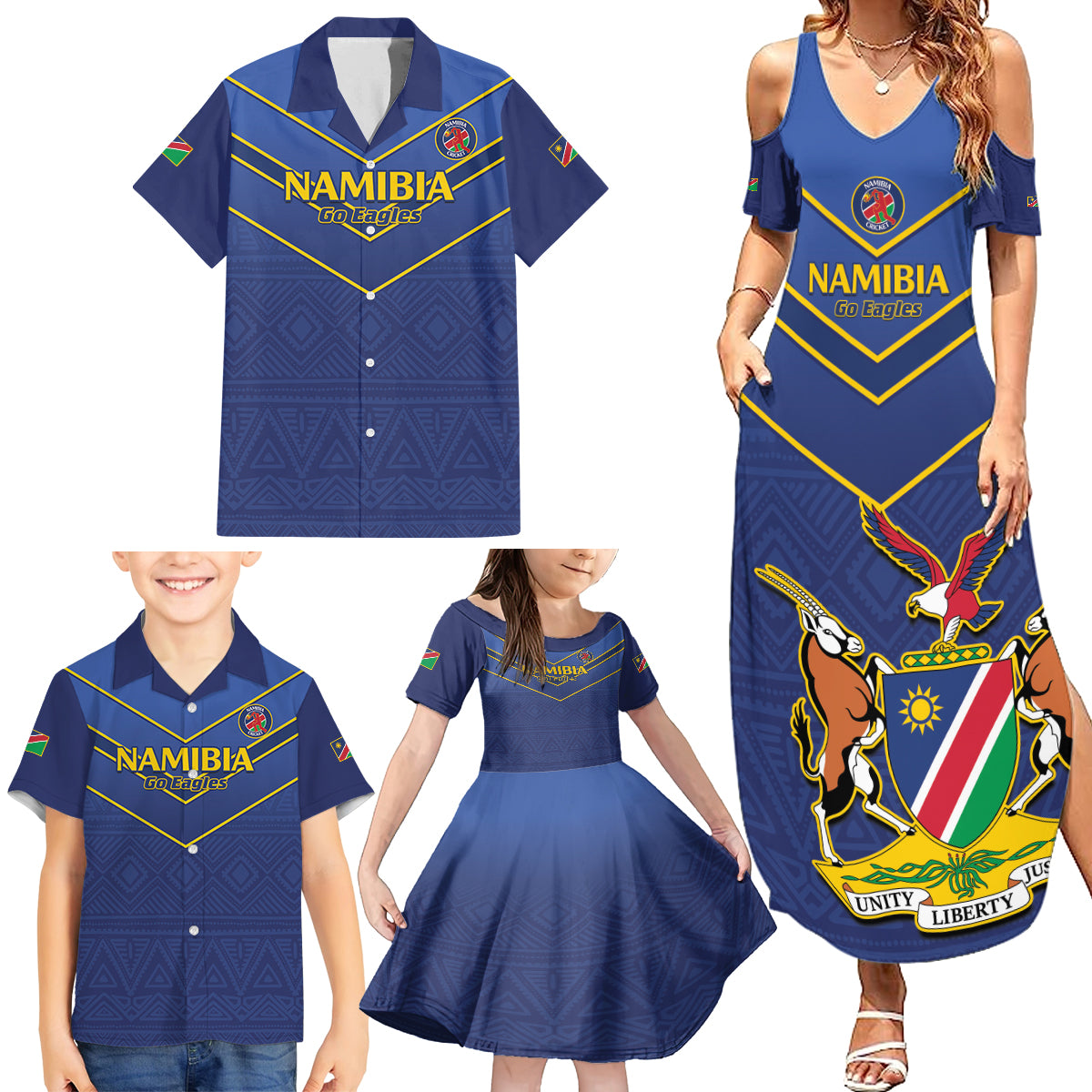 Custom Namibia Cricket Family Matching Summer Maxi Dress and Hawaiian Shirt 2024 Go Eagles African Pattern - Wonder Print Shop