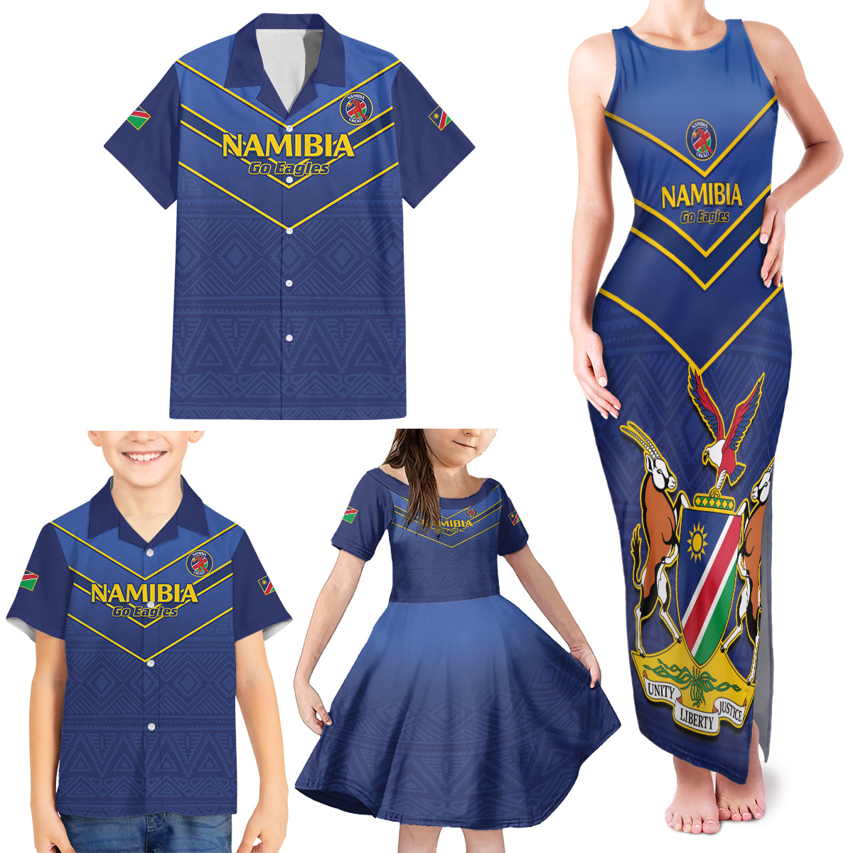 Custom Namibia Cricket Family Matching Tank Maxi Dress and Hawaiian Shirt 2024 Go Eagles African Pattern - Wonder Print Shop