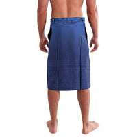 Blue cricket lavalava back view, all-over geometric African pattern