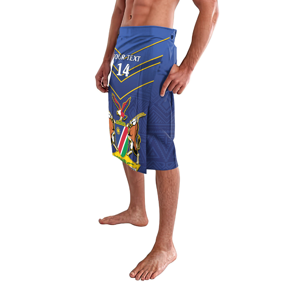 Blue cricket lavalava side view, African print with custom text and number 14