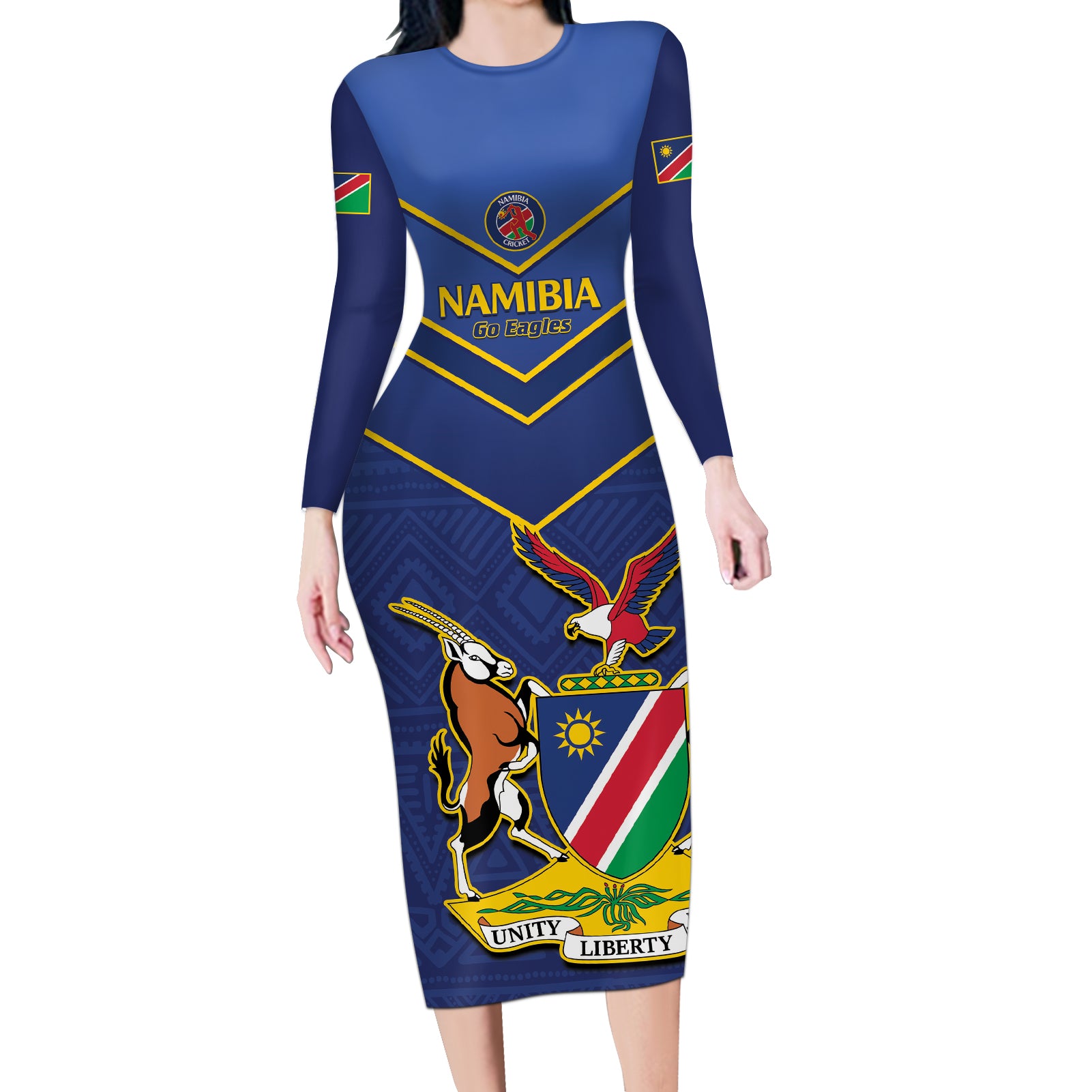 Custom Namibia Cricket Long Sleeve Bodycon Dress 2024 Go Eagles African Pattern - Wonder Print Shop