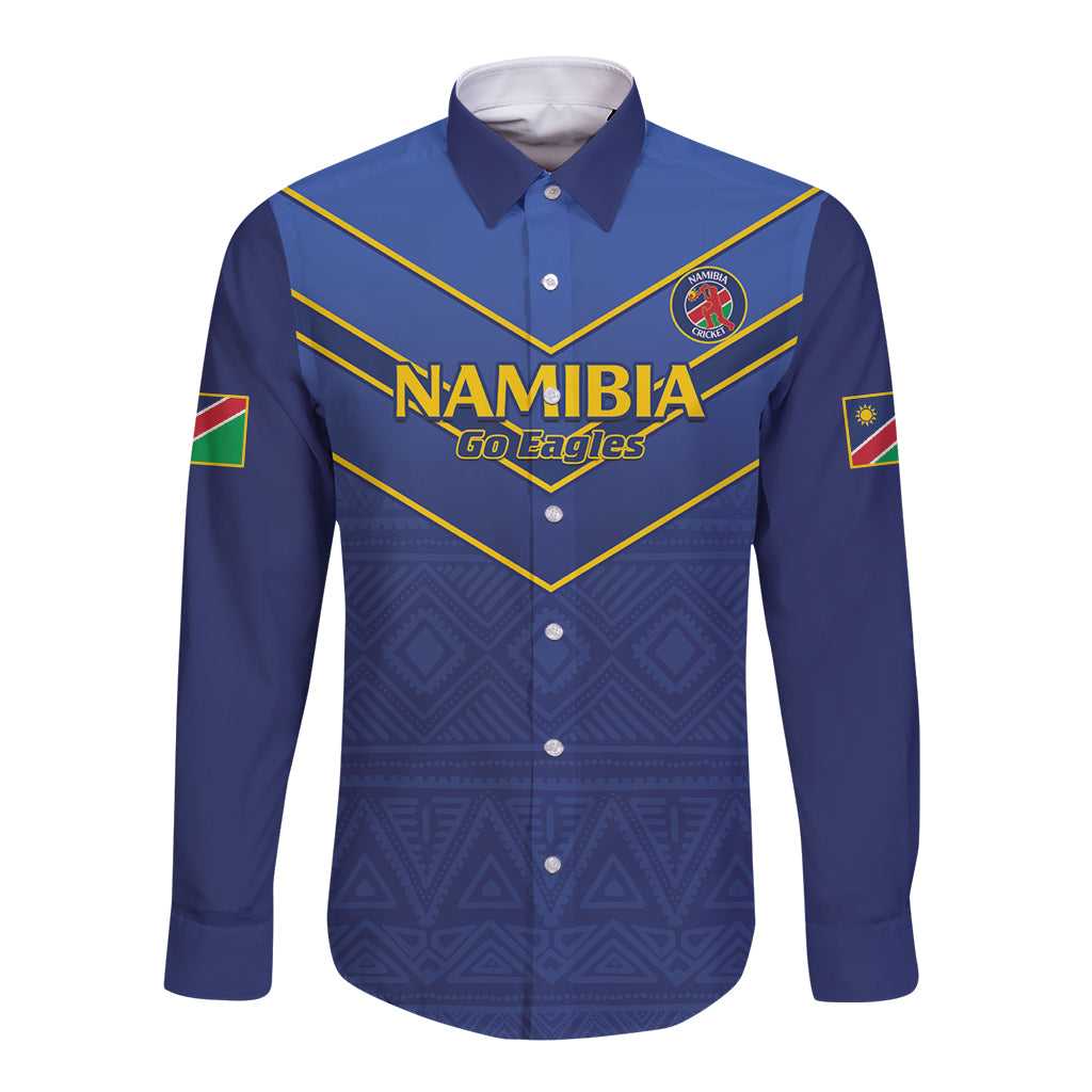 Blue long-sleeve button cricket shirt with Namibia Go Eagles front graphic and pattern