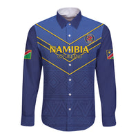 Blue long-sleeve button cricket shirt with Namibia Go Eagles front graphic and pattern