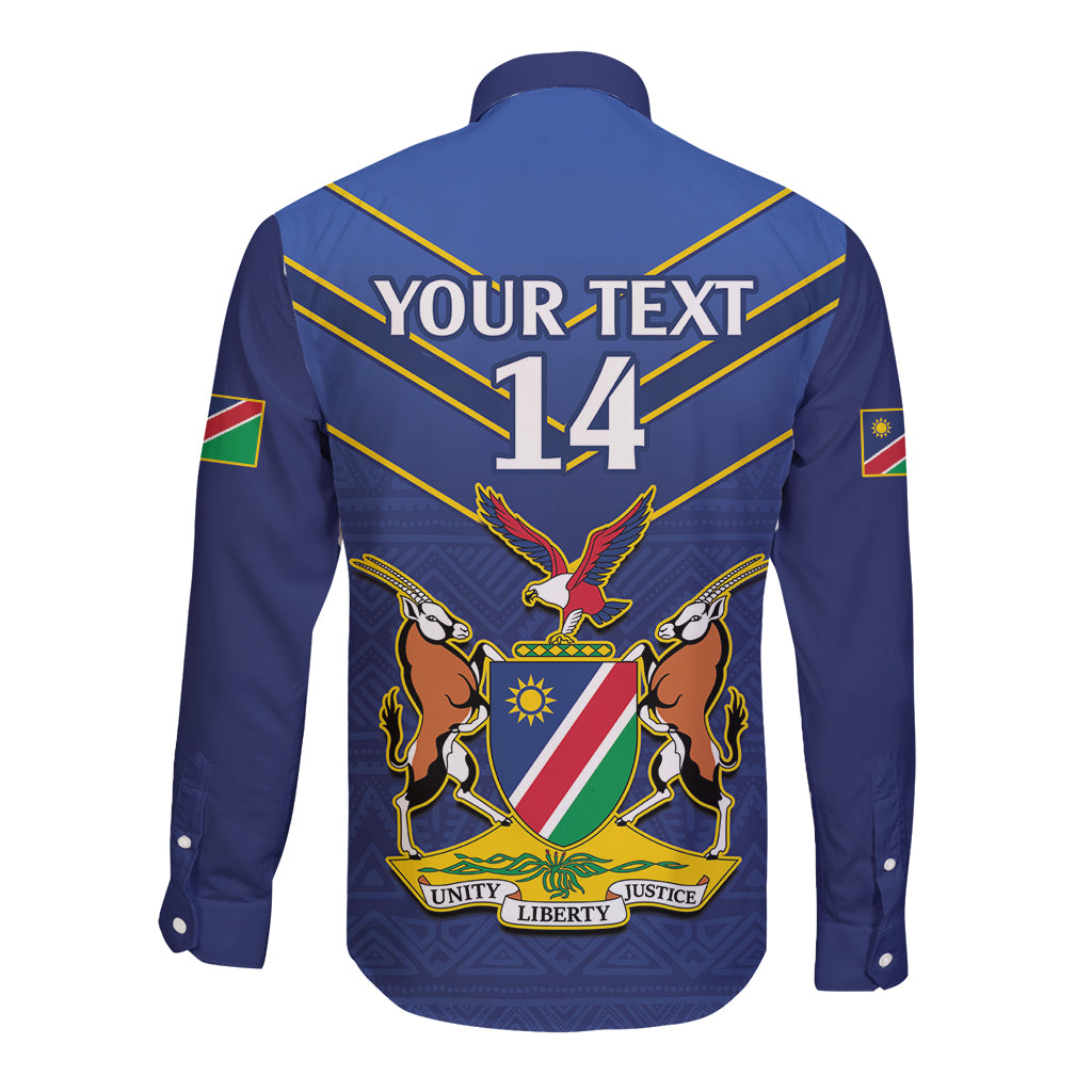 Blue long-sleeve button cricket shirt with YOUR TEXT 14 and eagle emblem back print