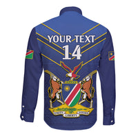 Blue long-sleeve button cricket shirt with YOUR TEXT 14 and eagle emblem back print