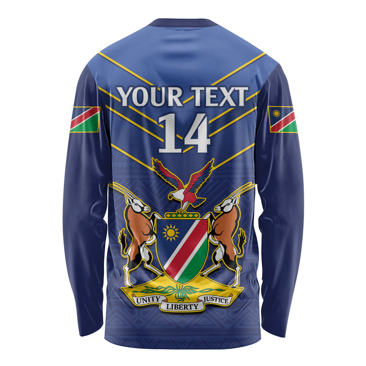 Blue long sleeve cricket shirt with back graphic, crest, and '14' text