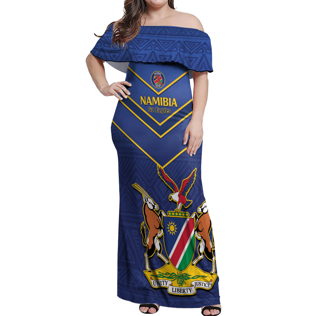 Custom Namibia Cricket Off Shoulder Maxi Dress 2024 Go Eagles African Pattern - Wonder Print Shop