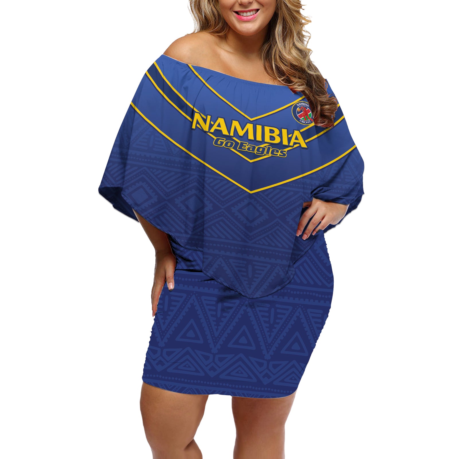 Custom Namibia Cricket Off Shoulder Short Dress 2024 Go Eagles African Pattern - Wonder Print Shop