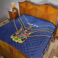 Blue quilt with yellow diagonal stripes and crest emblem, “YOUR TEXT” on bed cover