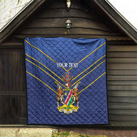 Blue quilt with yellow diagonal stripes and crest emblem, “YOUR TEXT” on porch display