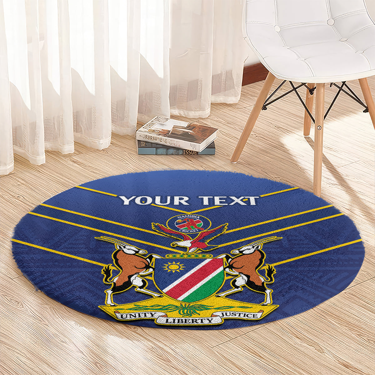Blue round cricket rug with Namibia flag shield, lions, yellow border lines, “YOUR TEXT”.
