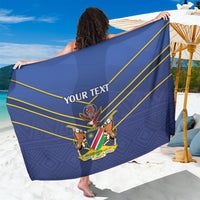 Blue cricket sarong with yellow diagonal stripes, crest logo, and YOUR TEXT panel