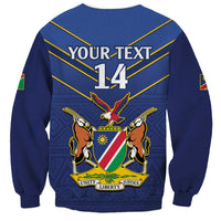 Blue crewneck cricket sweatshirt back with crest, wings and 'YOUR TEXT' 14