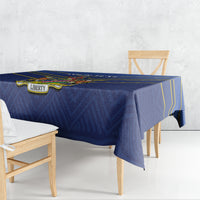 Blue cricket tablecloth with yellow trim and crest emblem corner