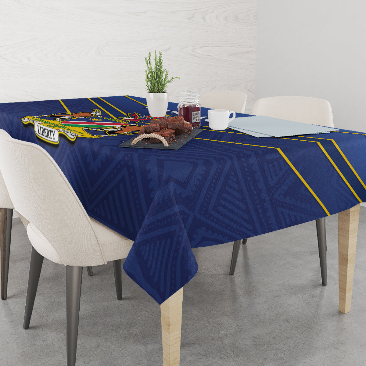 Blue cricket tablecloth with yellow-striped border and patterned center