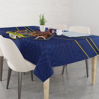Blue cricket tablecloth with yellow-striped border and patterned center