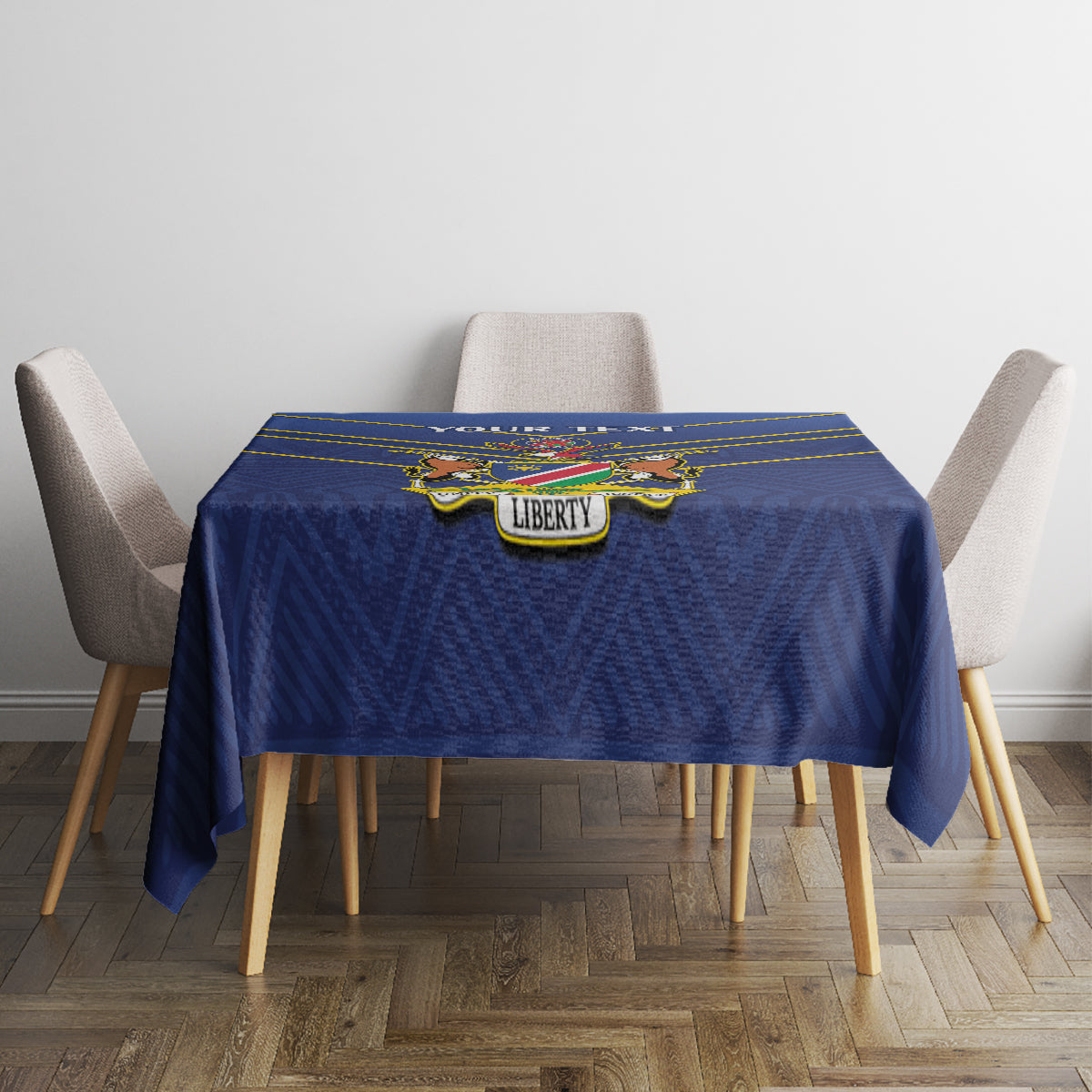 Blue tablecloth with yellow stripes and crest badge on small table