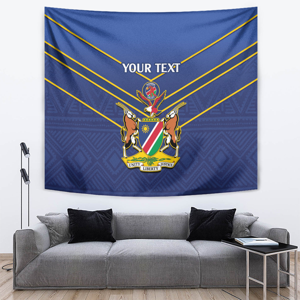 Blue cricket tapestry with crest and “YOUR TEXT” over diagonal yellow lines