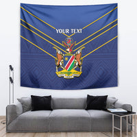 Blue cricket tapestry with crest and “YOUR TEXT” over diagonal yellow lines