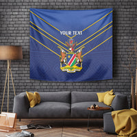 Blue cricket tapestry wall hanging with crest emblem and “YOUR TEXT” center