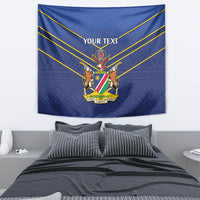 Blue cricket tapestry with central crest, diagonal stripes, and “YOUR TEXT”