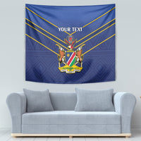 Blue cricket tapestry featuring crest emblem and “YOUR TEXT” with diagonal stripes