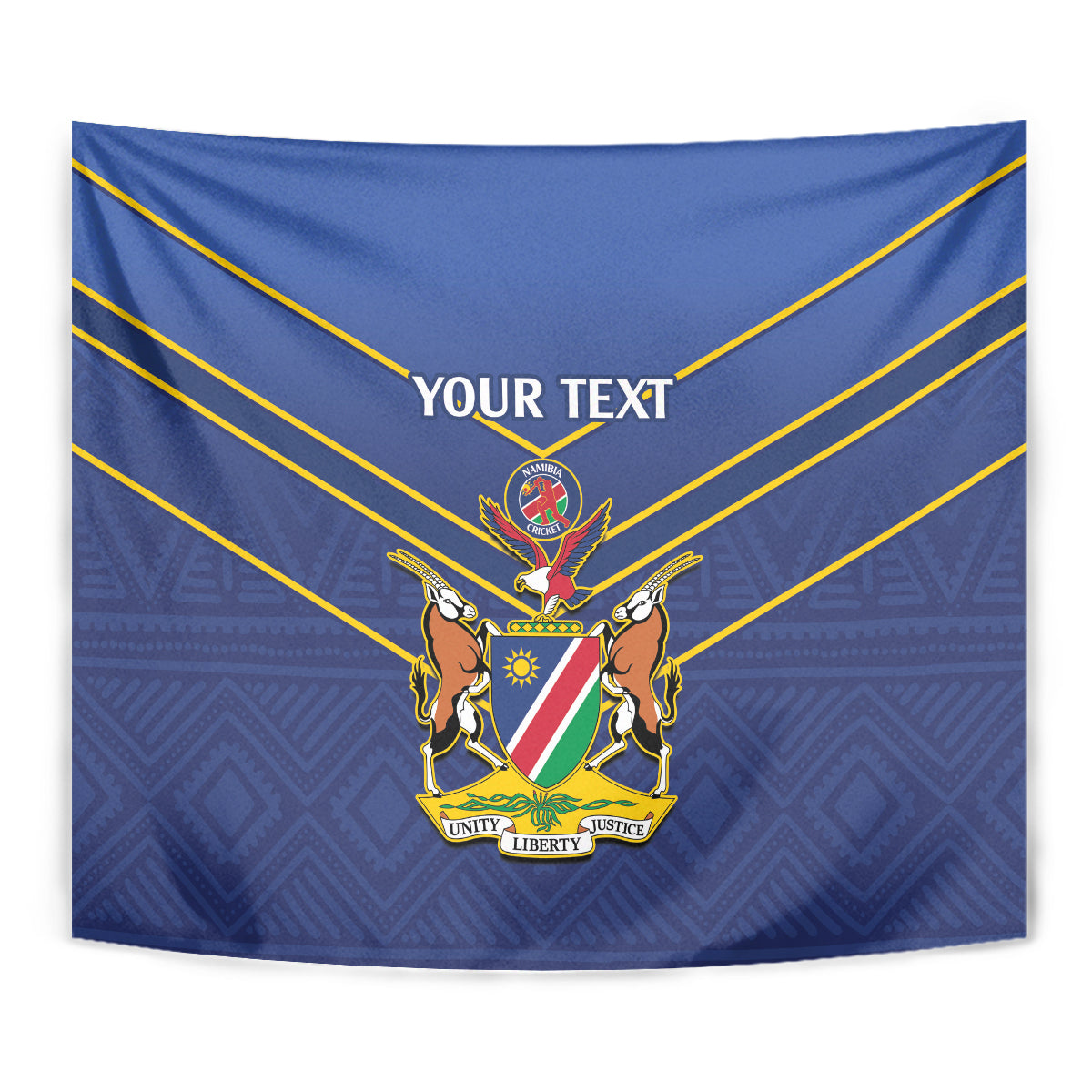 Blue cricket tapestry, square wall hanging, with crest emblem and “YOUR TEXT”
