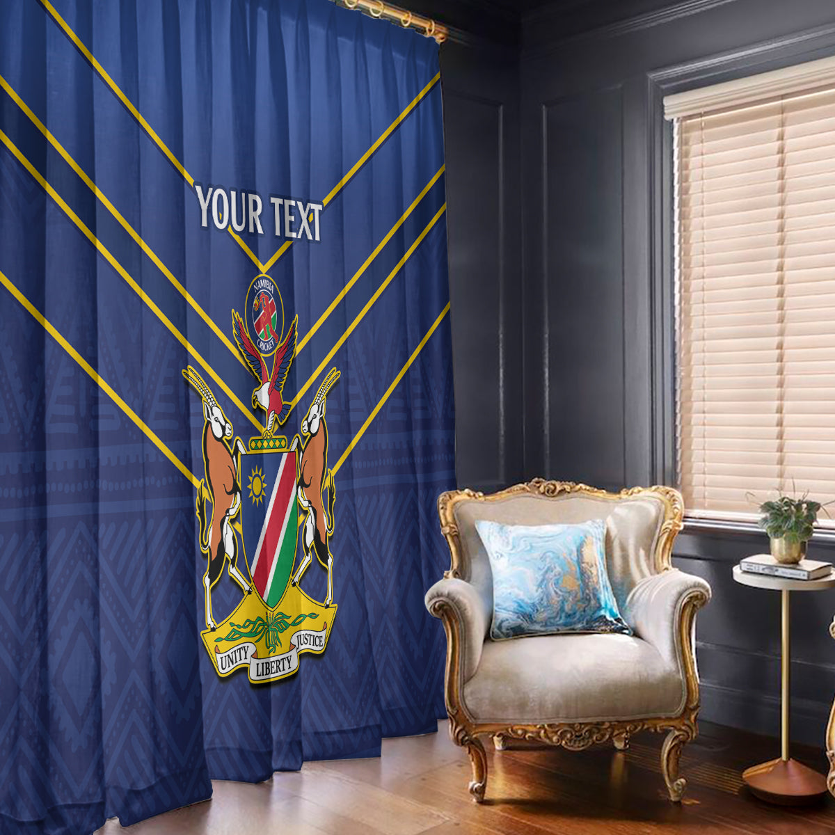Blue cricket window curtain with large crest, diagonal yellow lines, and custom text area