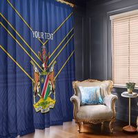 Blue cricket window curtain with large crest, diagonal yellow lines, and custom text area