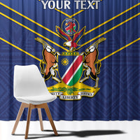 Blue cricket crest window curtain design with diagonal yellow rays and custom text
