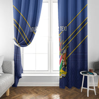Blue cricket themed window curtain panel with crest graphic and diagonal yellow stripes
