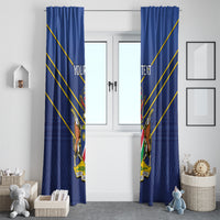 Two blue cricket window curtains with diagonal yellow stripes and crest graphics on each side