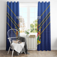 Blue cricket window curtains with diagonal yellow stripes, crest graphics, and custom text area