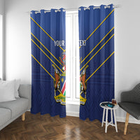 Blue cricket window curtain pair with diagonal yellow stripes and crest panels in front of window
