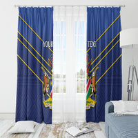 Blue cricket window curtains with diagonal yellow stripes and crest graphics, framed by sheer center