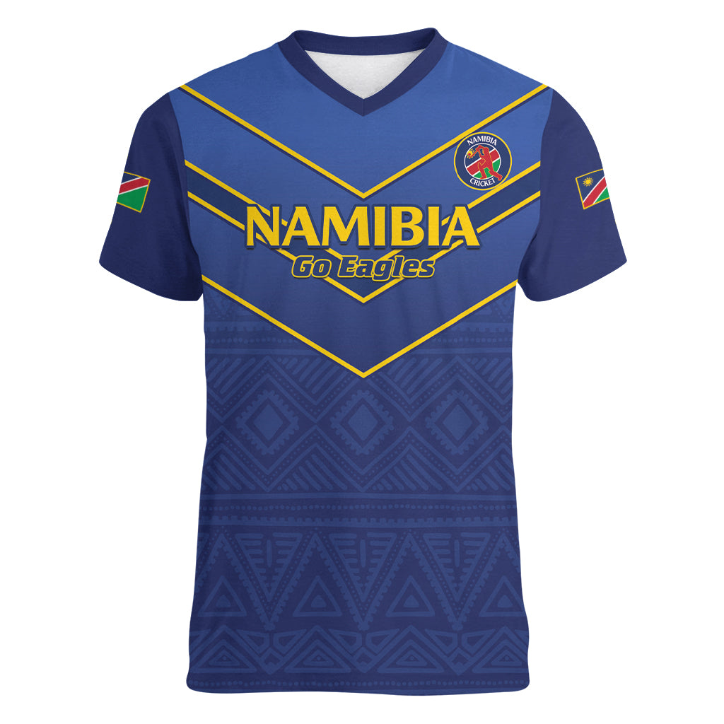 Custom Namibia Cricket Women V-Neck T-Shirt 2024 Go Eagles African Pattern